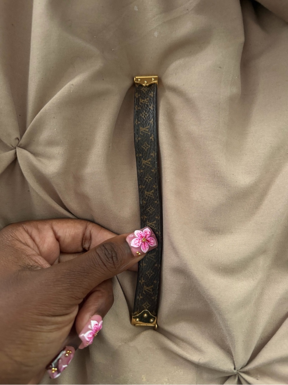 Authentic Louis Vuitton Brown Monogram Leather Bracelet with Gold Hardware